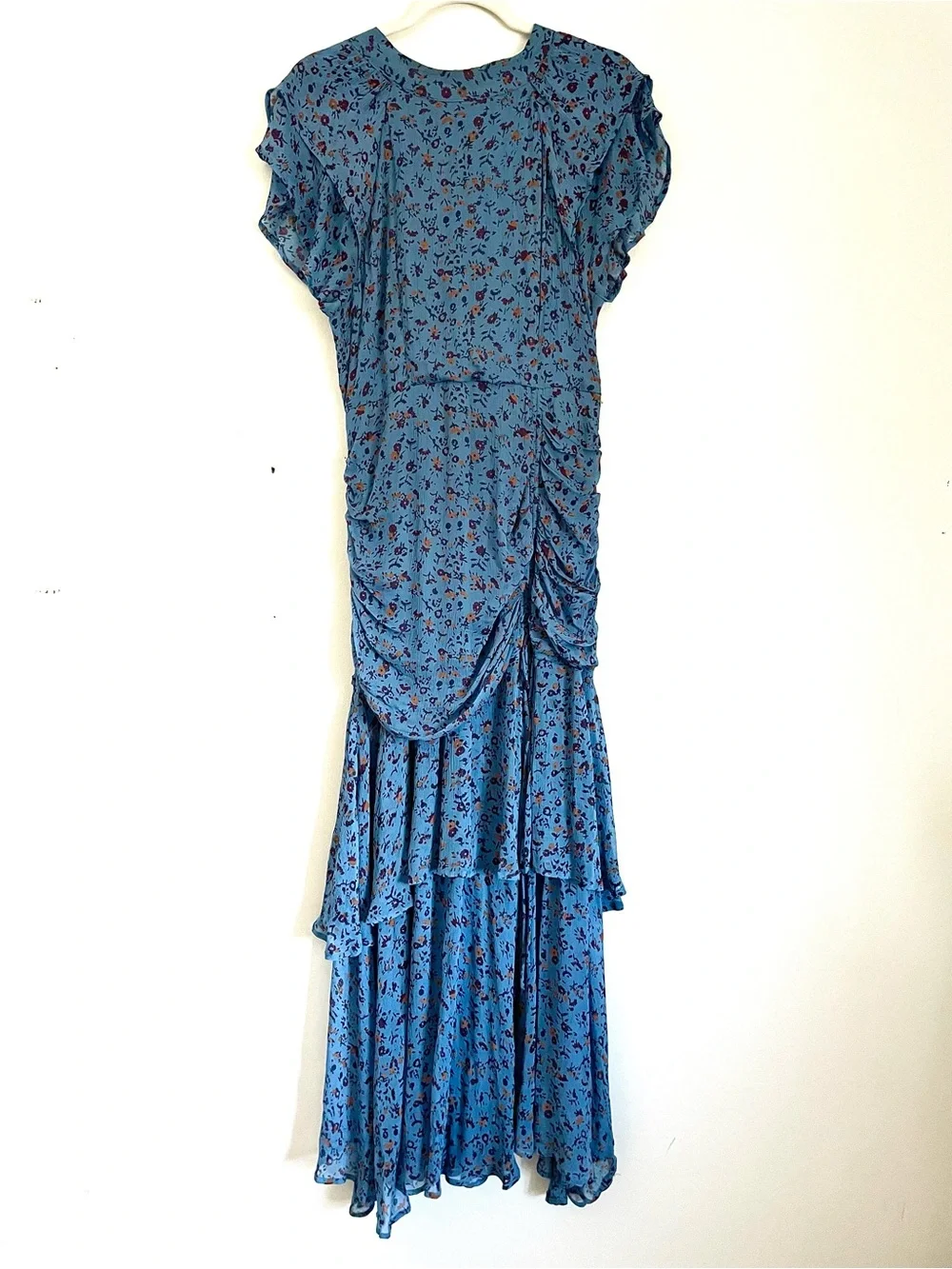 Cleobella Cecilia Floral Chiffon Tiered Midi Ankle Dress in Blue Floral M EUC